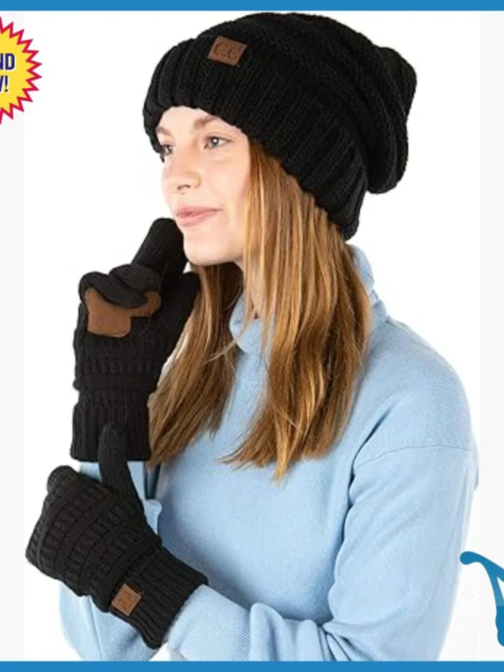Oversized Knit Slouchy Beanie & Touchscreen Gloves Set - One Size